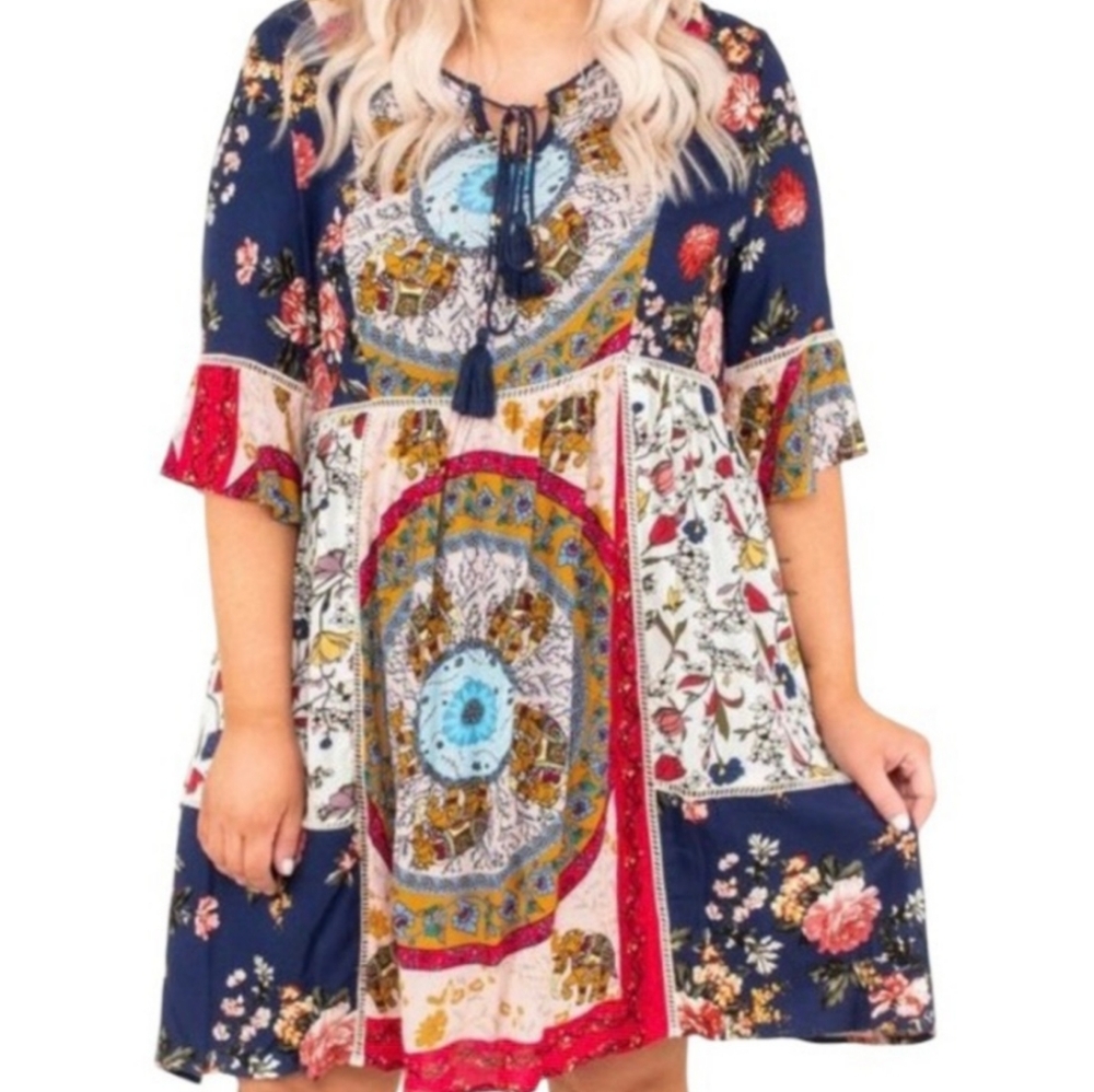 Oddy Floral Patchwork Floral Boho Dress Women's L Multicolor Retro Cottagecore